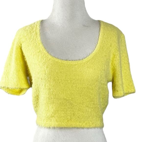 Zara Fuzzy Yellow Cropped Sweater Size Large NWT Scoop Neck Spring Faux Mohair - Picture 4 of 13